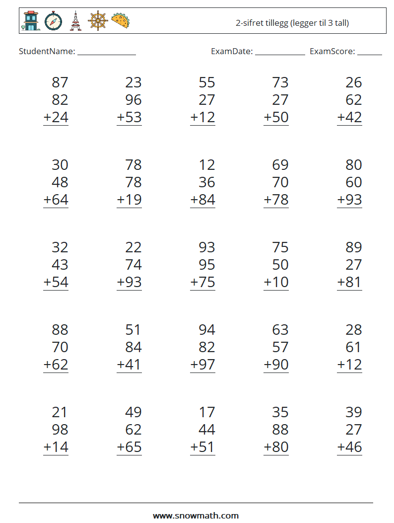 (25) 2-sifret tillegg (legger til 3 tall) MathWorksheets 1