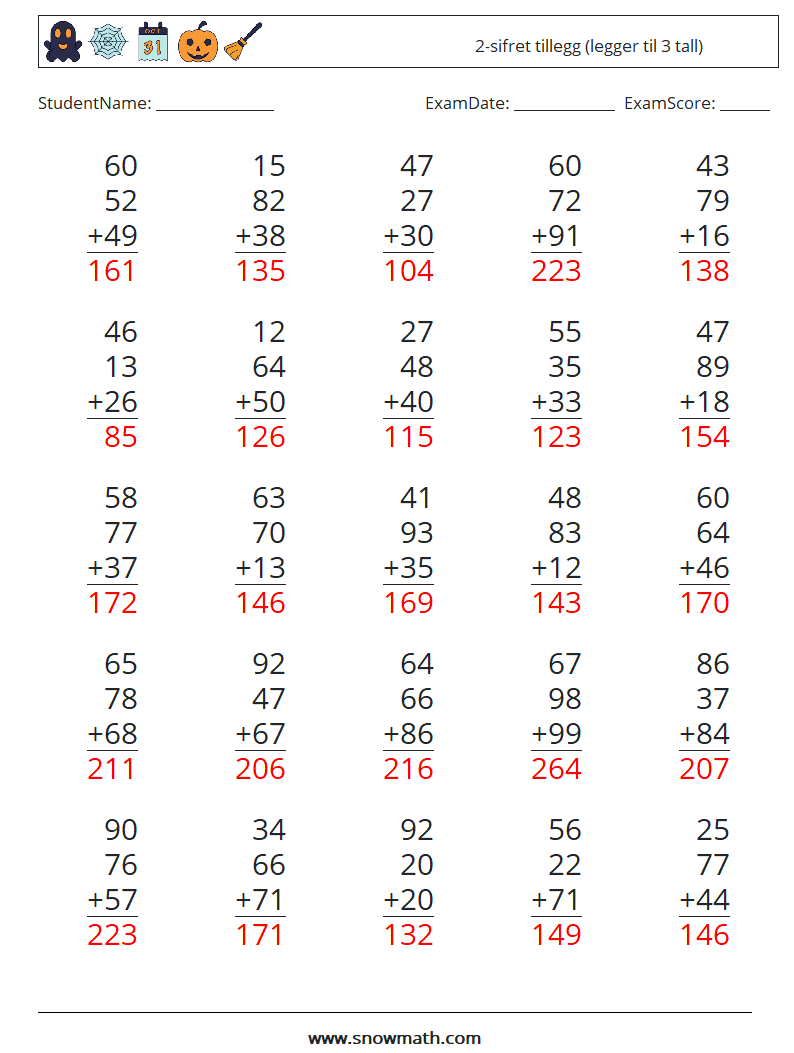 (25) 2-sifret tillegg (legger til 3 tall) MathWorksheets 10 QuestionAnswer