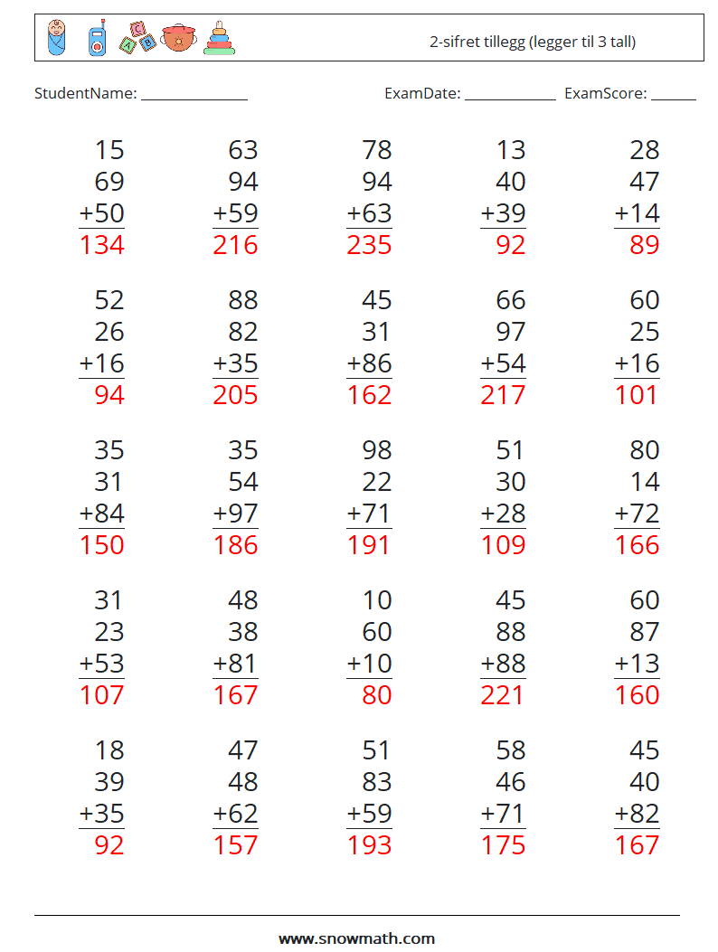 (25) 2-sifret tillegg (legger til 3 tall) MathWorksheets 11 QuestionAnswer