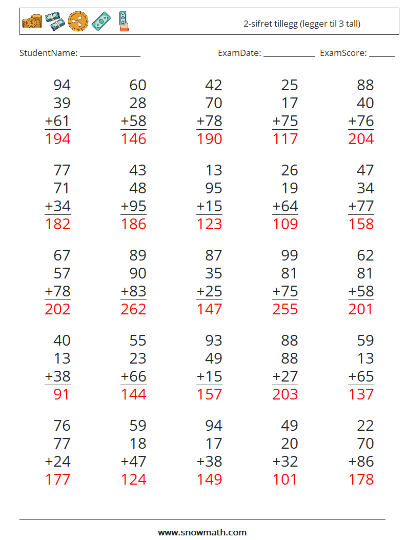 (25) 2-sifret tillegg (legger til 3 tall) MathWorksheets 12 QuestionAnswer