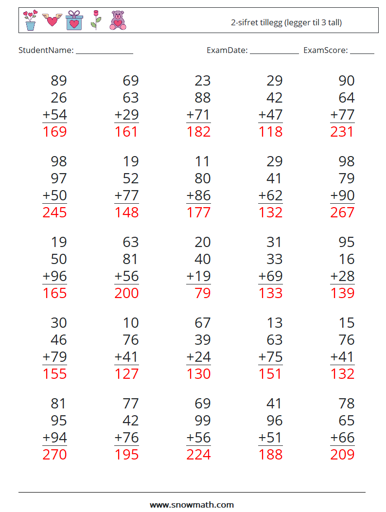 (25) 2-sifret tillegg (legger til 3 tall) MathWorksheets 13 QuestionAnswer