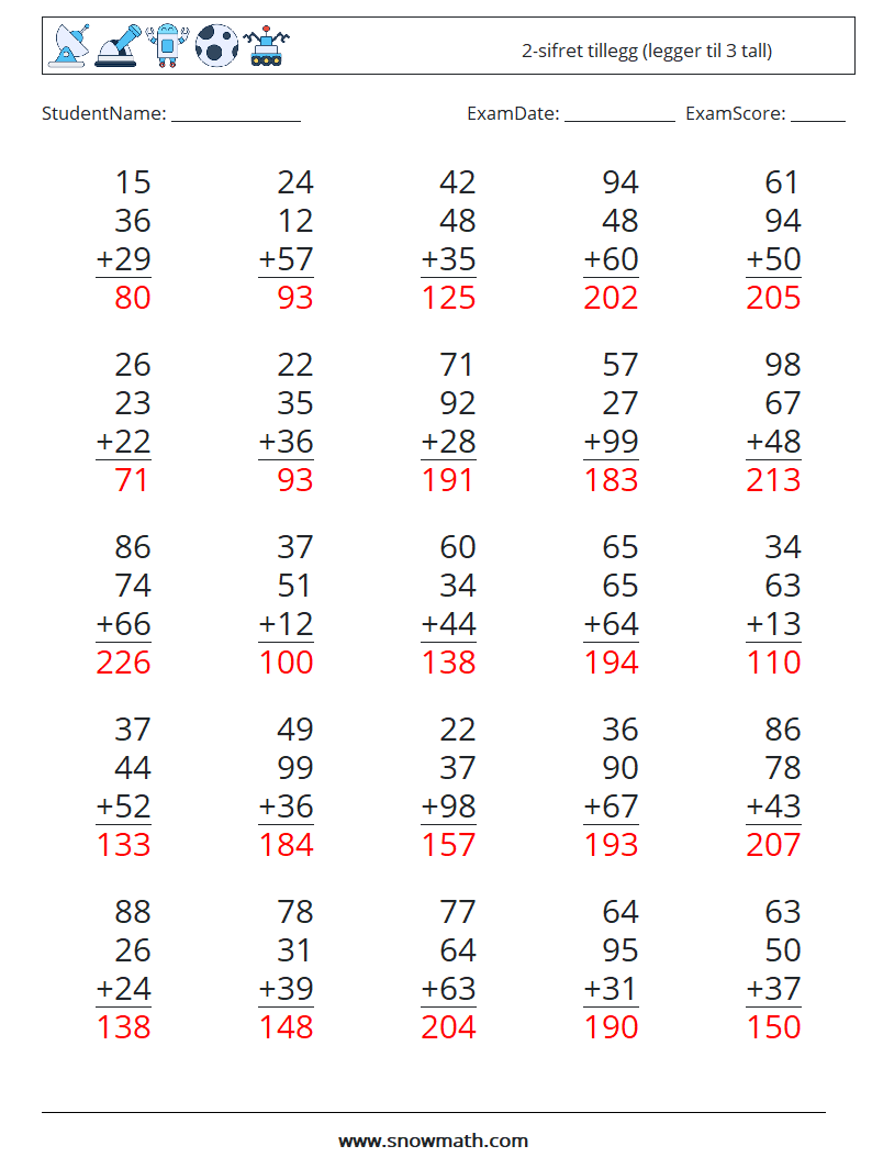 (25) 2-sifret tillegg (legger til 3 tall) MathWorksheets 14 QuestionAnswer