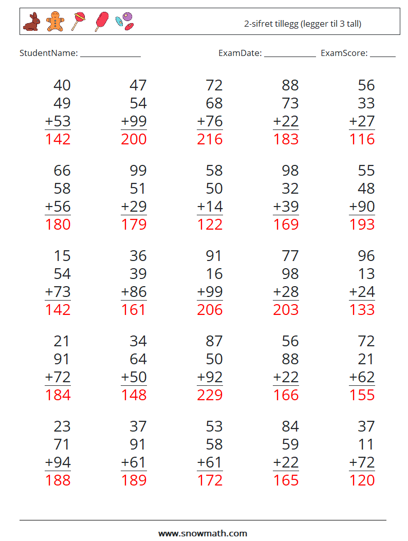 (25) 2-sifret tillegg (legger til 3 tall) MathWorksheets 15 QuestionAnswer