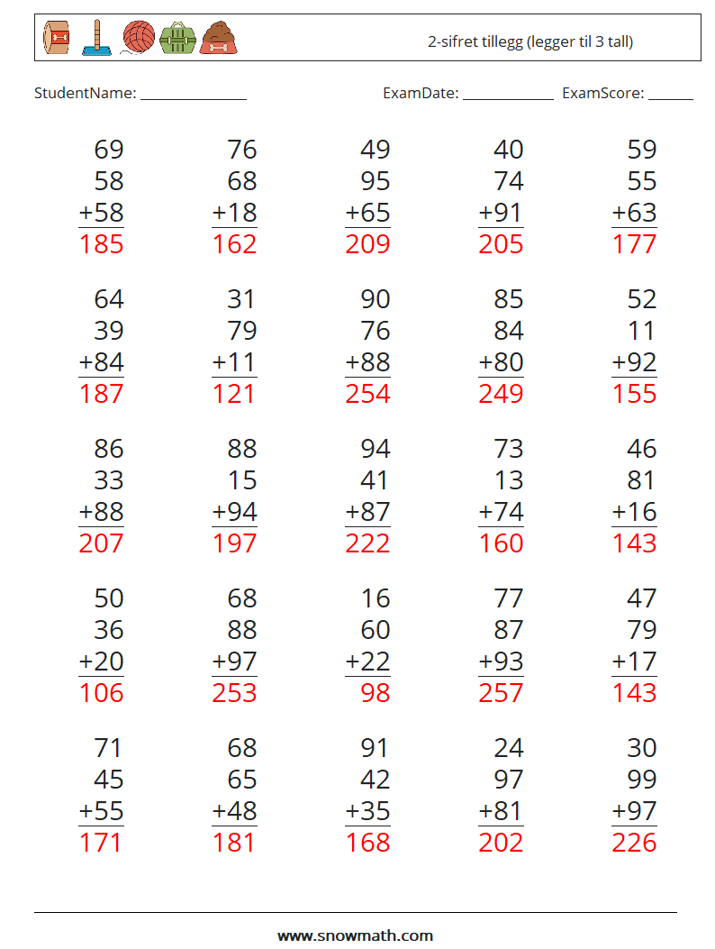 (25) 2-sifret tillegg (legger til 3 tall) MathWorksheets 16 QuestionAnswer