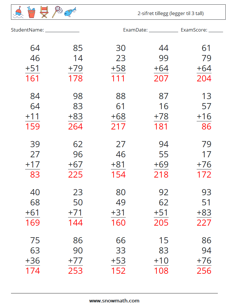 (25) 2-sifret tillegg (legger til 3 tall) MathWorksheets 17 QuestionAnswer