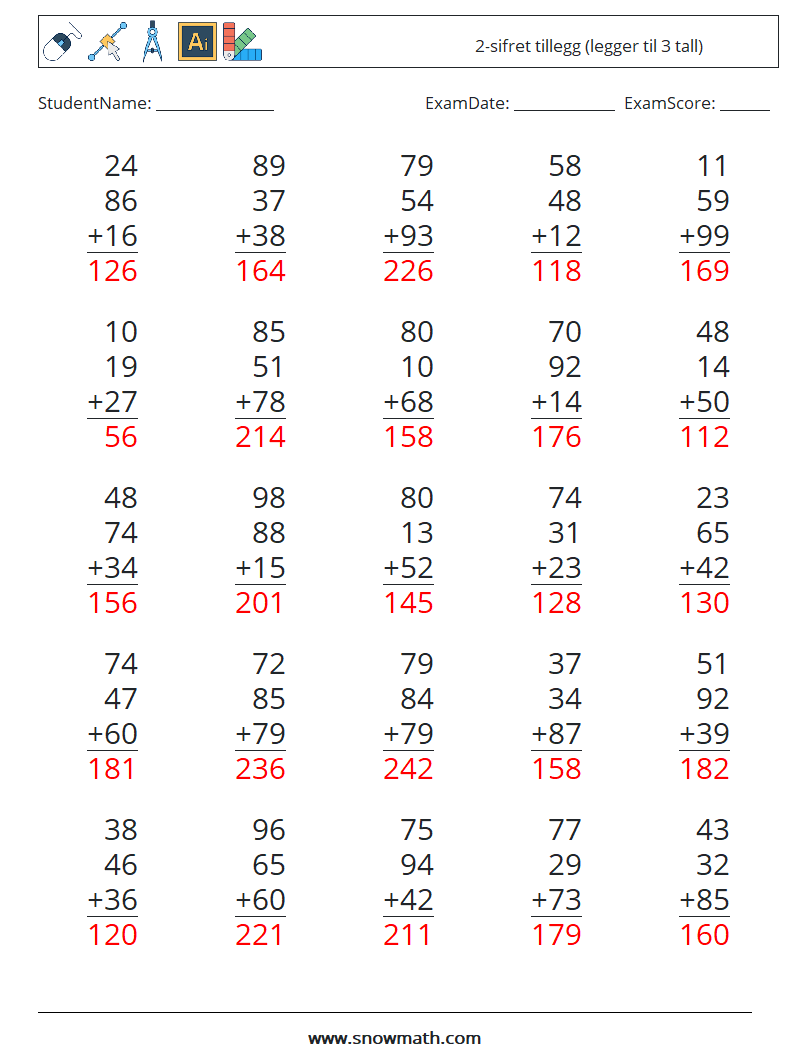 (25) 2-sifret tillegg (legger til 3 tall) MathWorksheets 18 QuestionAnswer