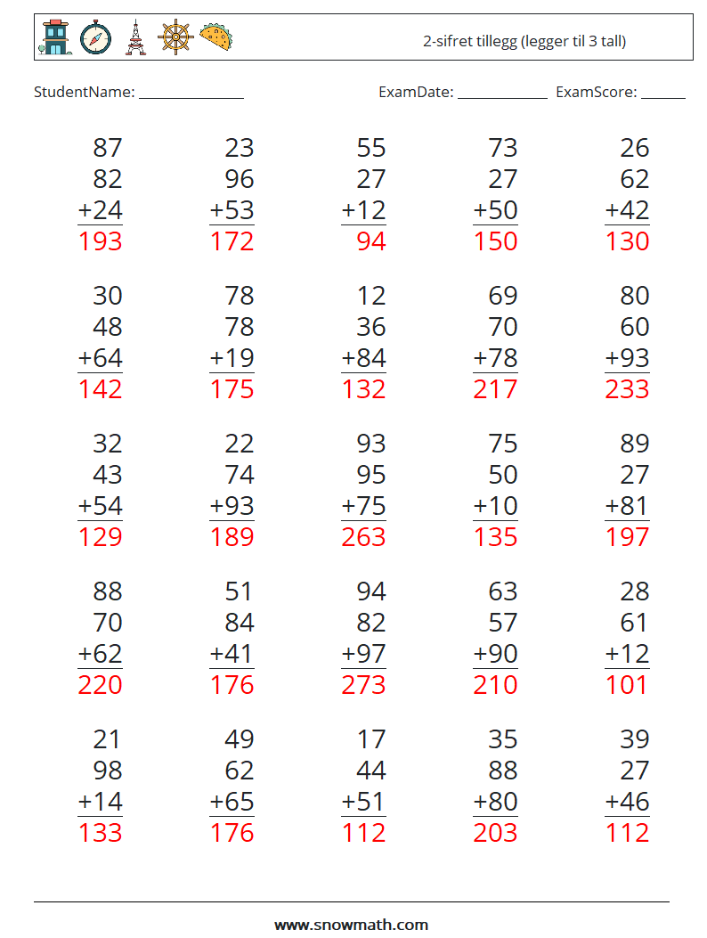 (25) 2-sifret tillegg (legger til 3 tall) MathWorksheets 1 QuestionAnswer