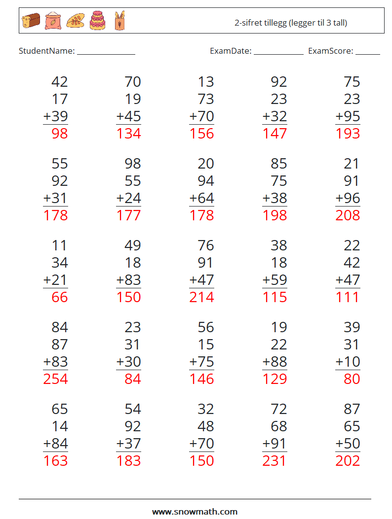 (25) 2-sifret tillegg (legger til 3 tall) MathWorksheets 4 QuestionAnswer