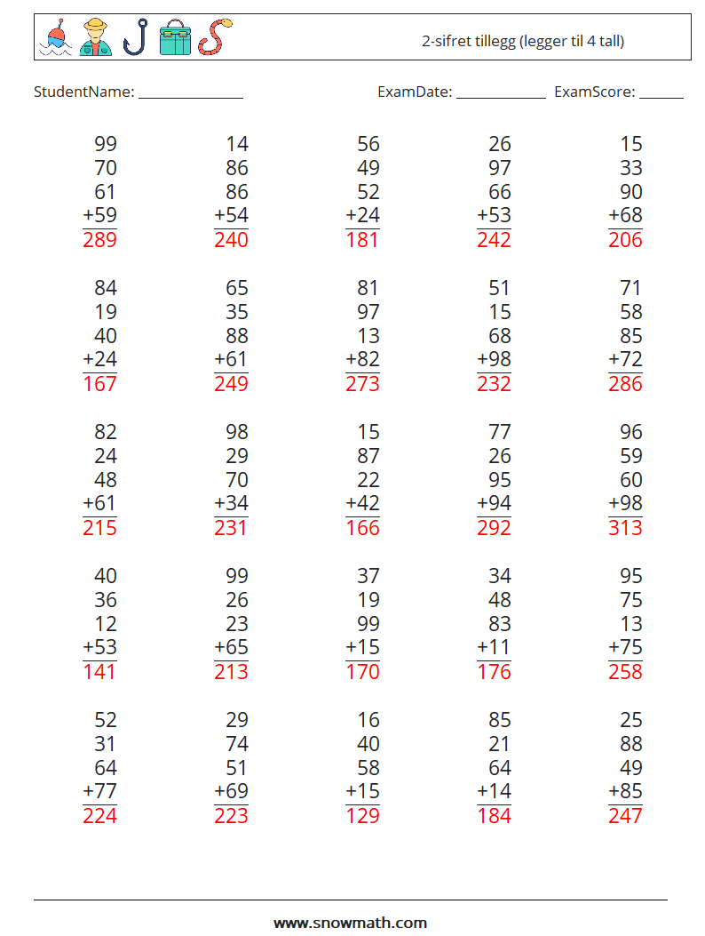 (25) 2-sifret tillegg (legger til 4 tall) MathWorksheets 3 QuestionAnswer