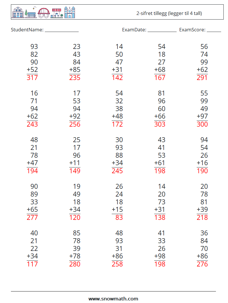 (25) 2-sifret tillegg (legger til 4 tall) MathWorksheets 4 QuestionAnswer