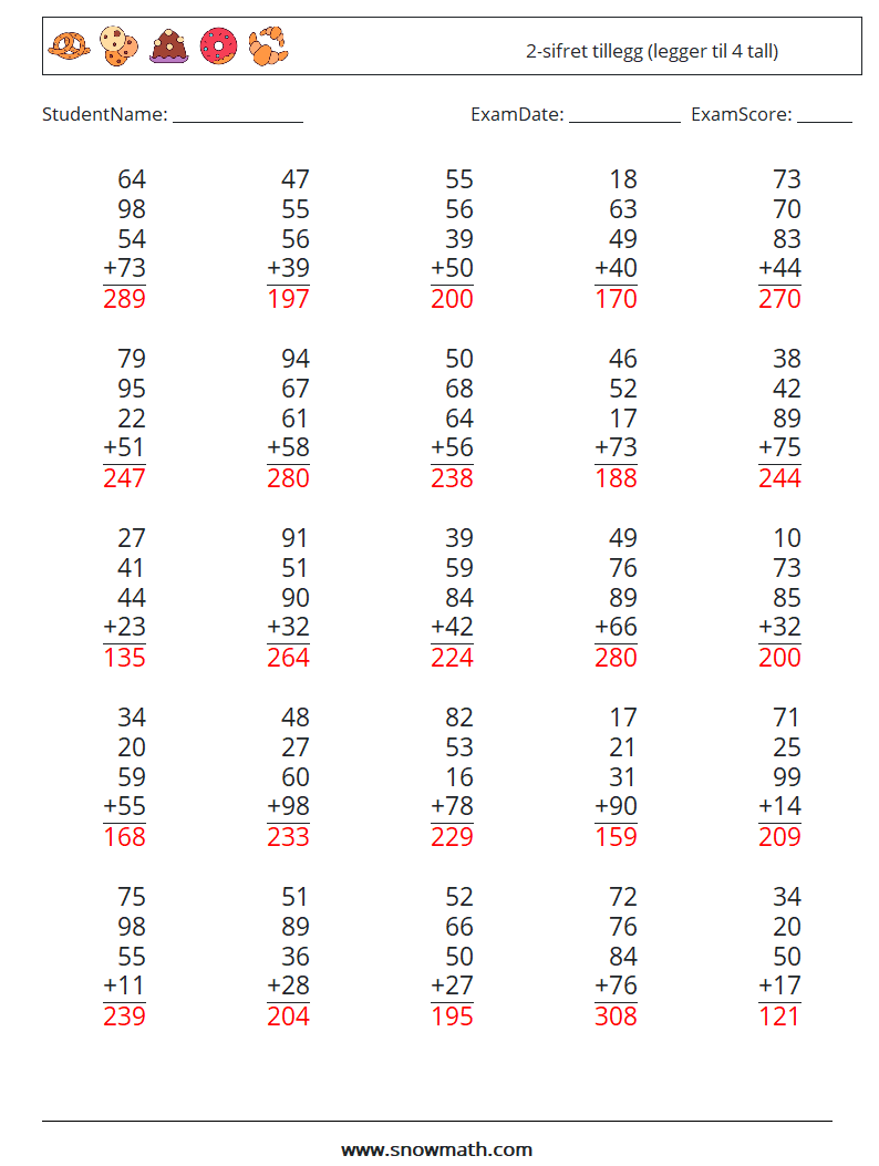 (25) 2-sifret tillegg (legger til 4 tall) MathWorksheets 5 QuestionAnswer