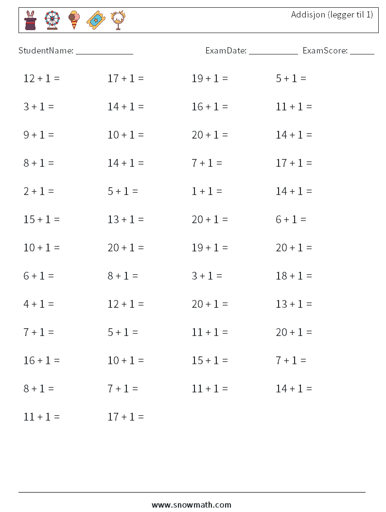 (50) Addisjon (legger til 1) MathWorksheets 1