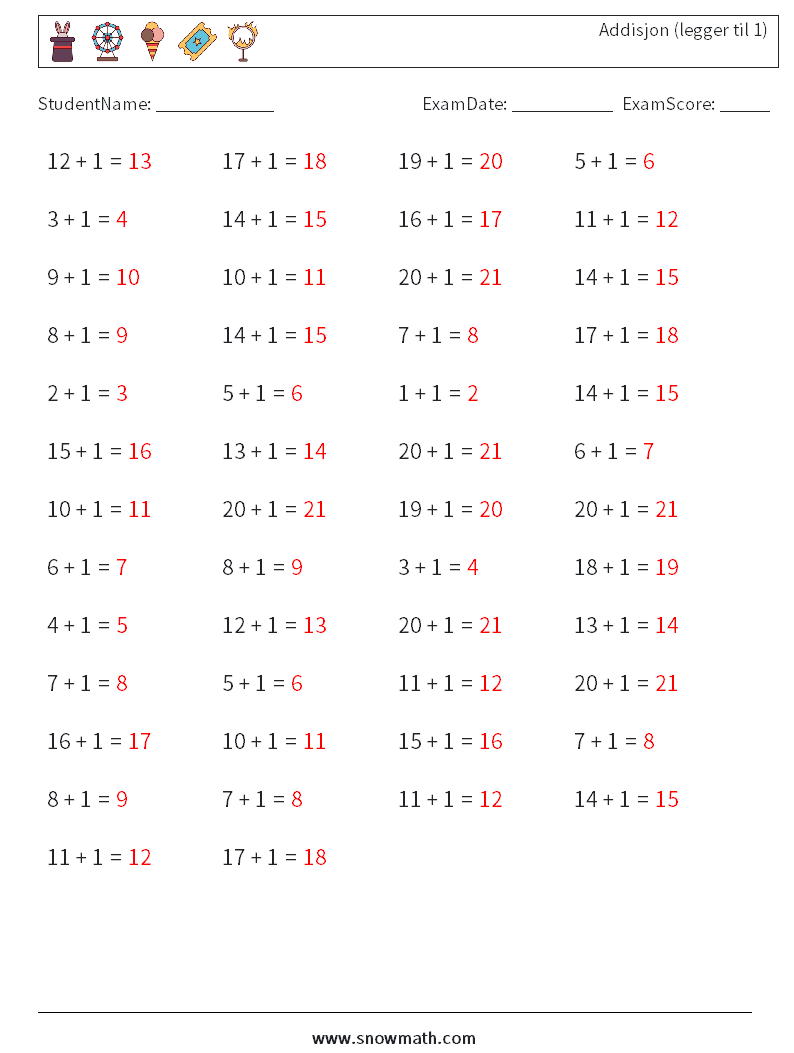 (50) Addisjon (legger til 1) MathWorksheets 1 QuestionAnswer