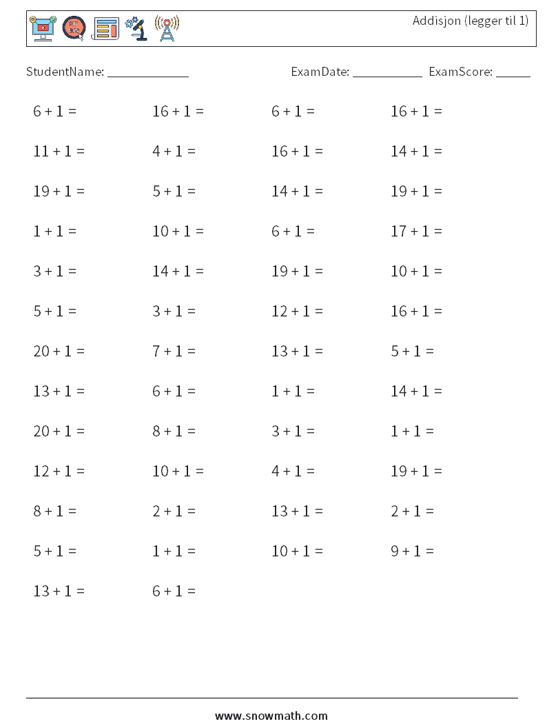 (50) Addisjon (legger til 1) MathWorksheets 3