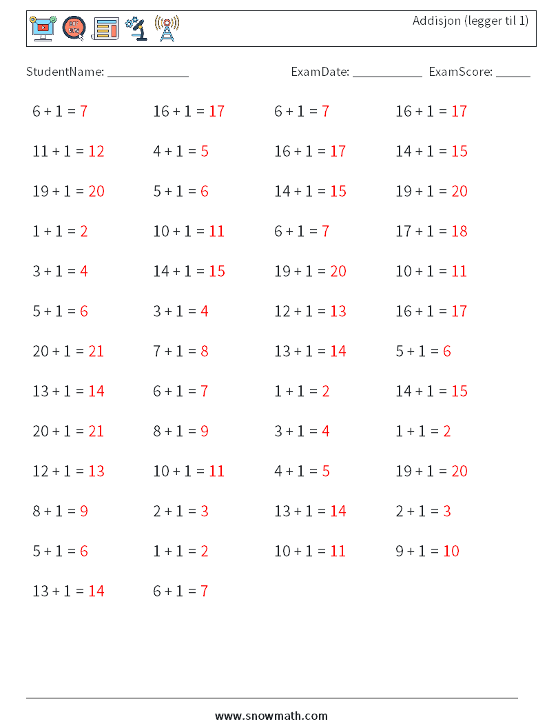 (50) Addisjon (legger til 1) MathWorksheets 3 QuestionAnswer