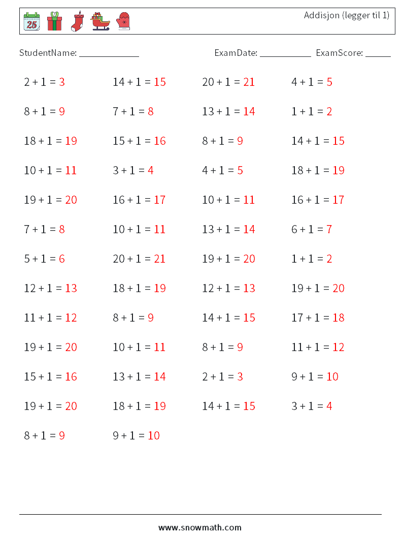 (50) Addisjon (legger til 1) MathWorksheets 4 QuestionAnswer