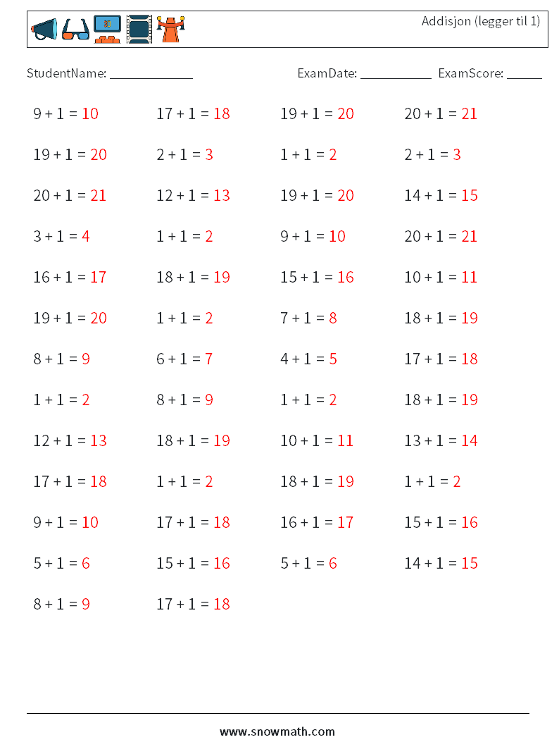 (50) Addisjon (legger til 1) MathWorksheets 6 QuestionAnswer