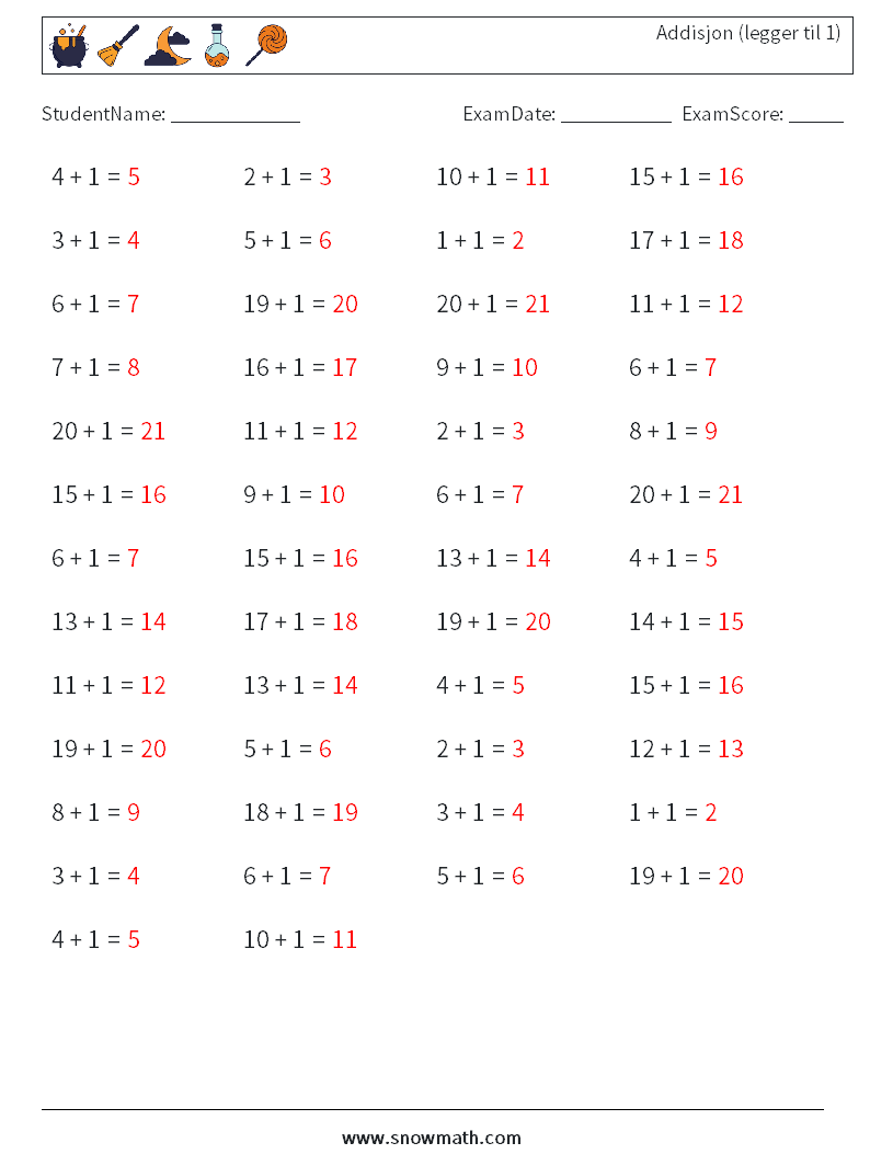 (50) Addisjon (legger til 1) MathWorksheets 7 QuestionAnswer
