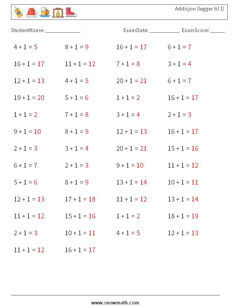 (50) Addisjon (legger til 1) MathWorksheets 8 QuestionAnswer