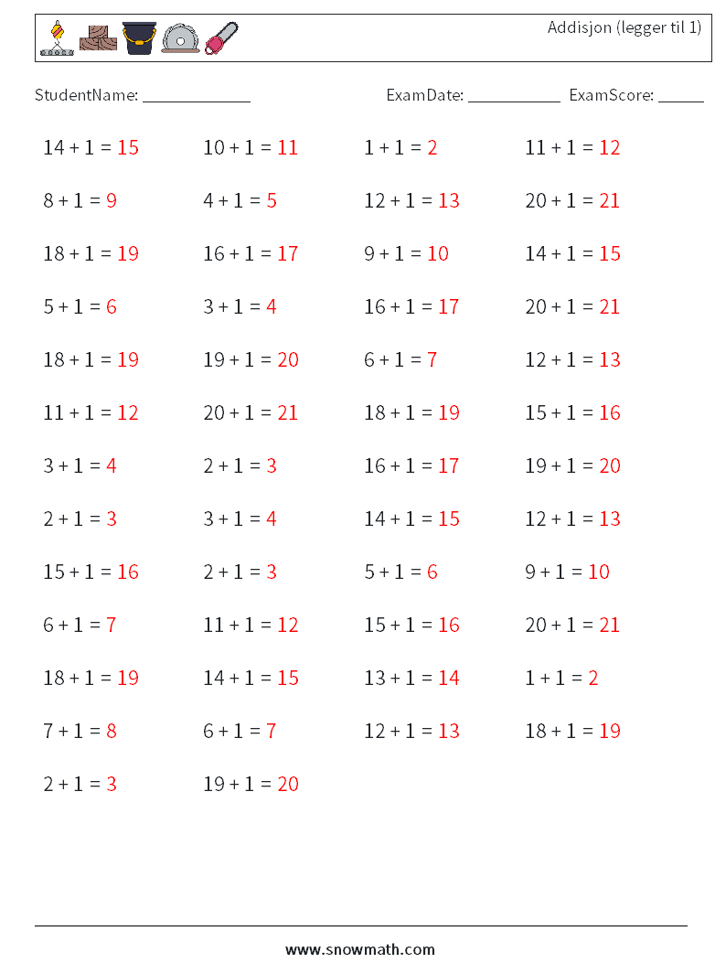 (50) Addisjon (legger til 1) MathWorksheets 9 QuestionAnswer