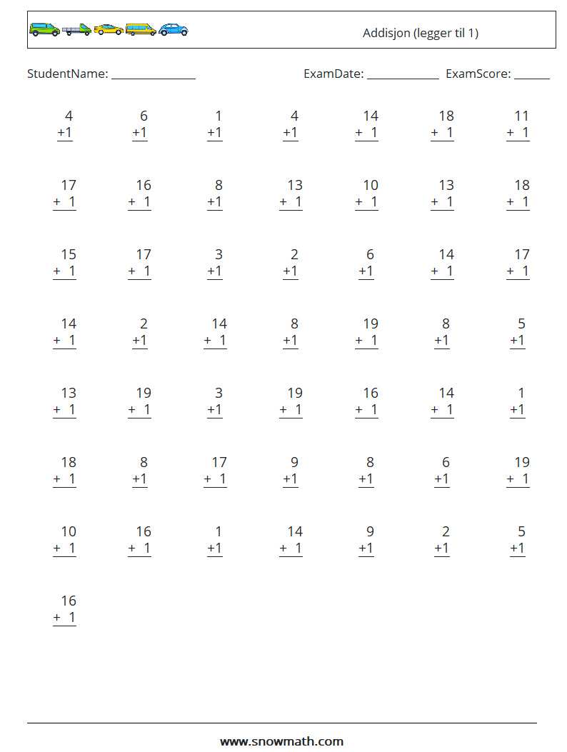 (50) Addisjon (legger til 1) MathWorksheets 11