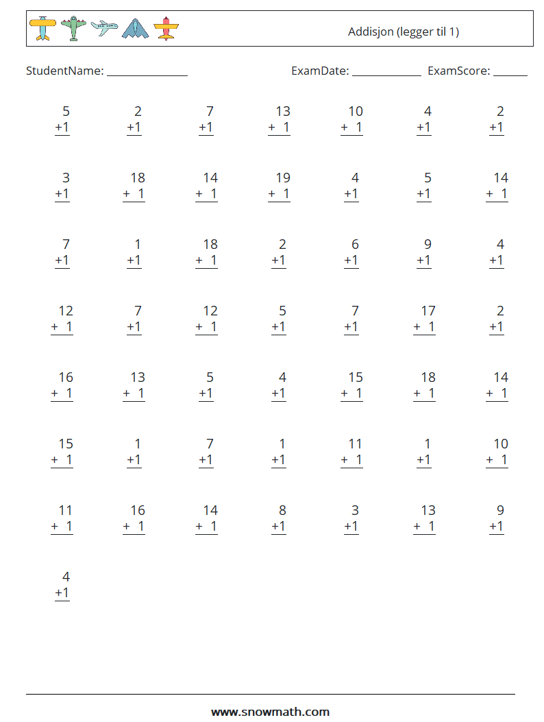 (50) Addisjon (legger til 1) MathWorksheets 14
