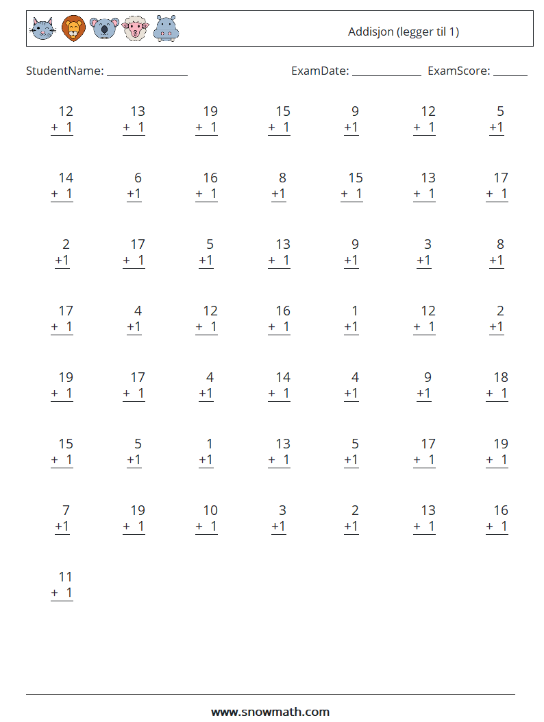 (50) Addisjon (legger til 1) MathWorksheets 15