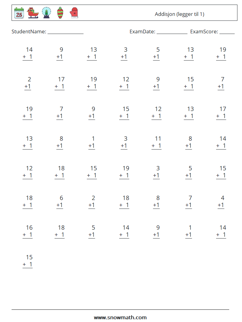 (50) Addisjon (legger til 1) MathWorksheets 16