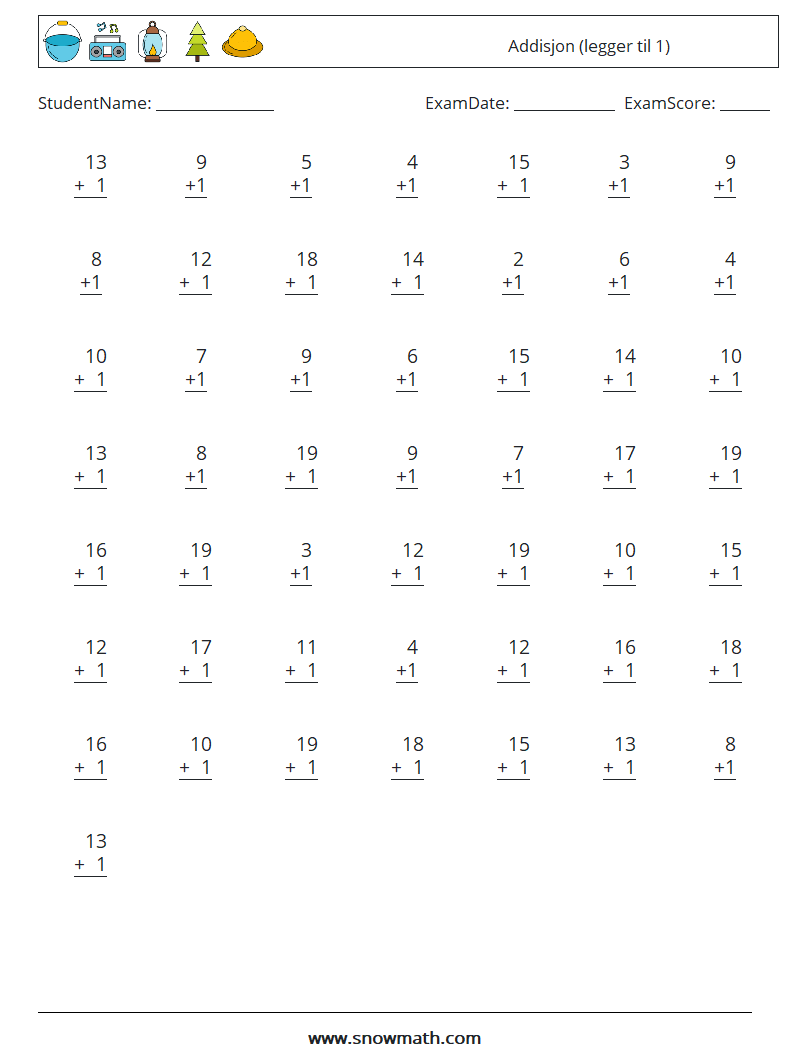 (50) Addisjon (legger til 1) MathWorksheets 18