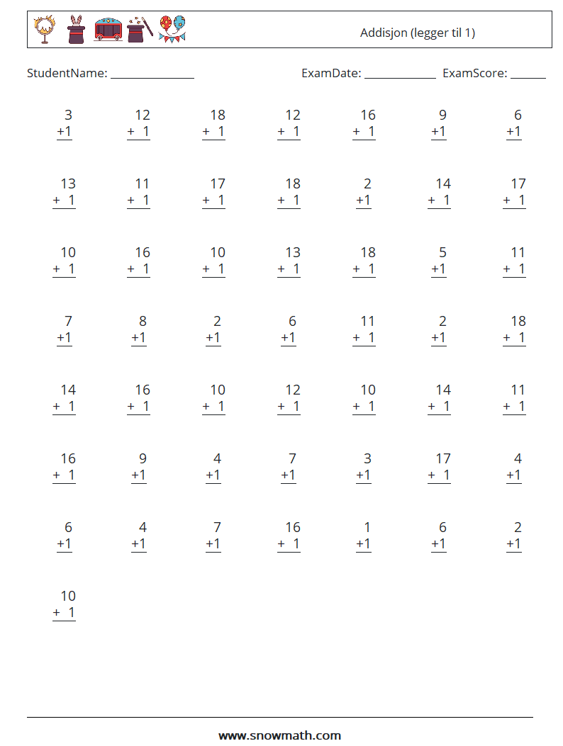 (50) Addisjon (legger til 1) MathWorksheets 3