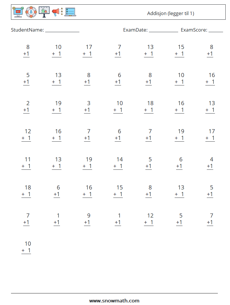 (50) Addisjon (legger til 1) MathWorksheets 7