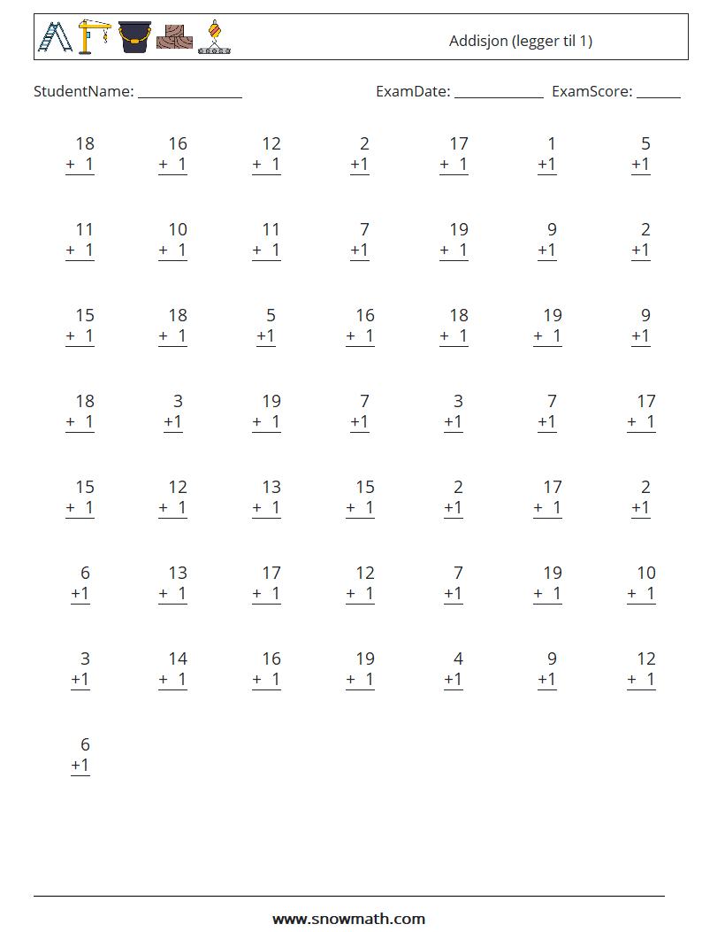 (50) Addisjon (legger til 1) MathWorksheets 8