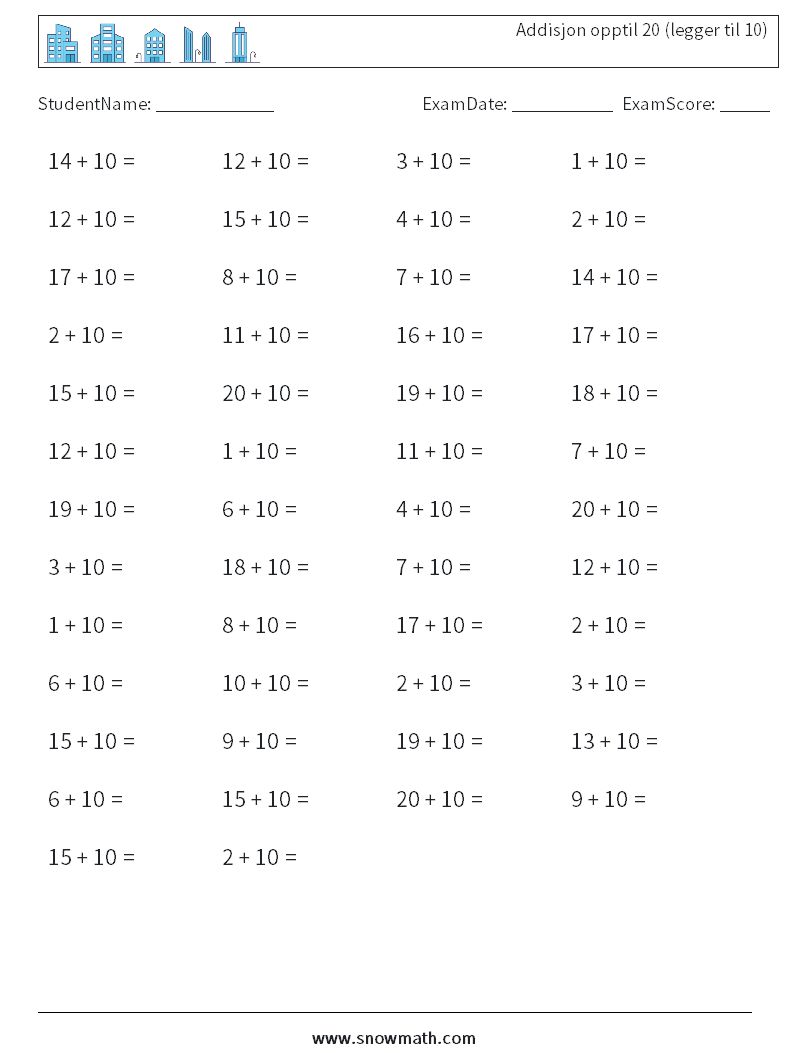 (50) Addisjon opptil 20 (legger til 10) MathWorksheets 1