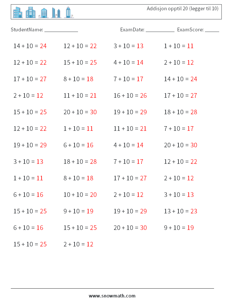 (50) Addisjon opptil 20 (legger til 10) MathWorksheets 1 QuestionAnswer