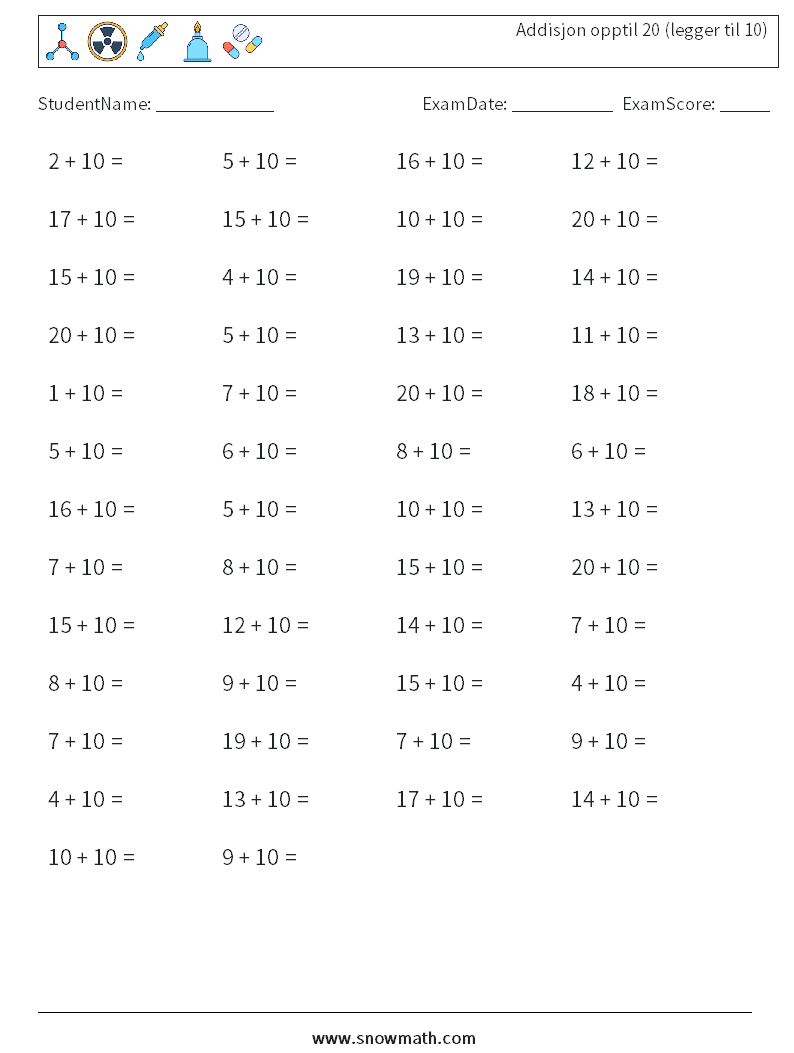 (50) Addisjon opptil 20 (legger til 10) MathWorksheets 3
