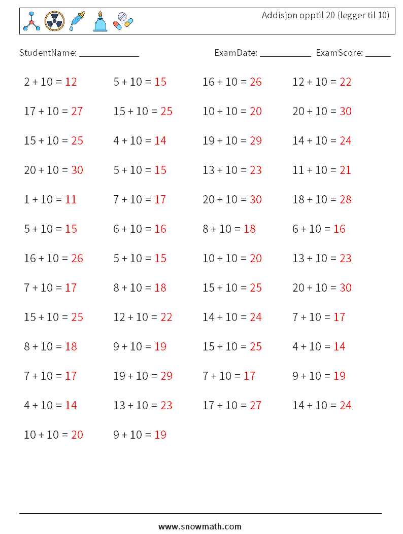 (50) Addisjon opptil 20 (legger til 10) MathWorksheets 3 QuestionAnswer