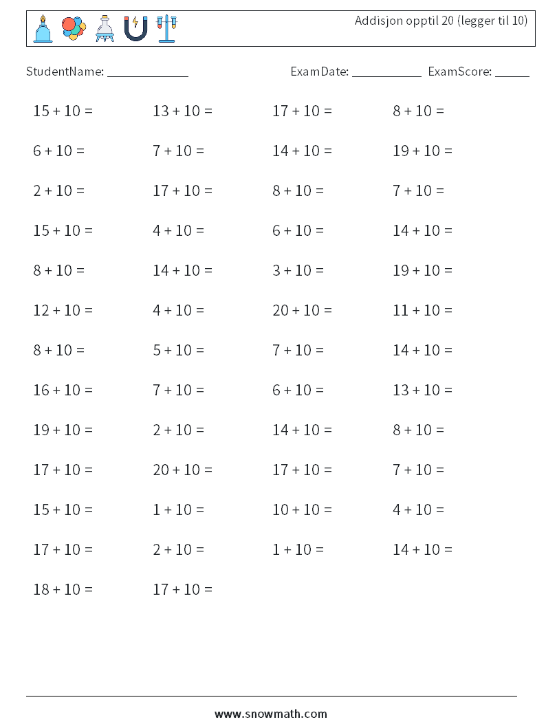 (50) Addisjon opptil 20 (legger til 10) MathWorksheets 4