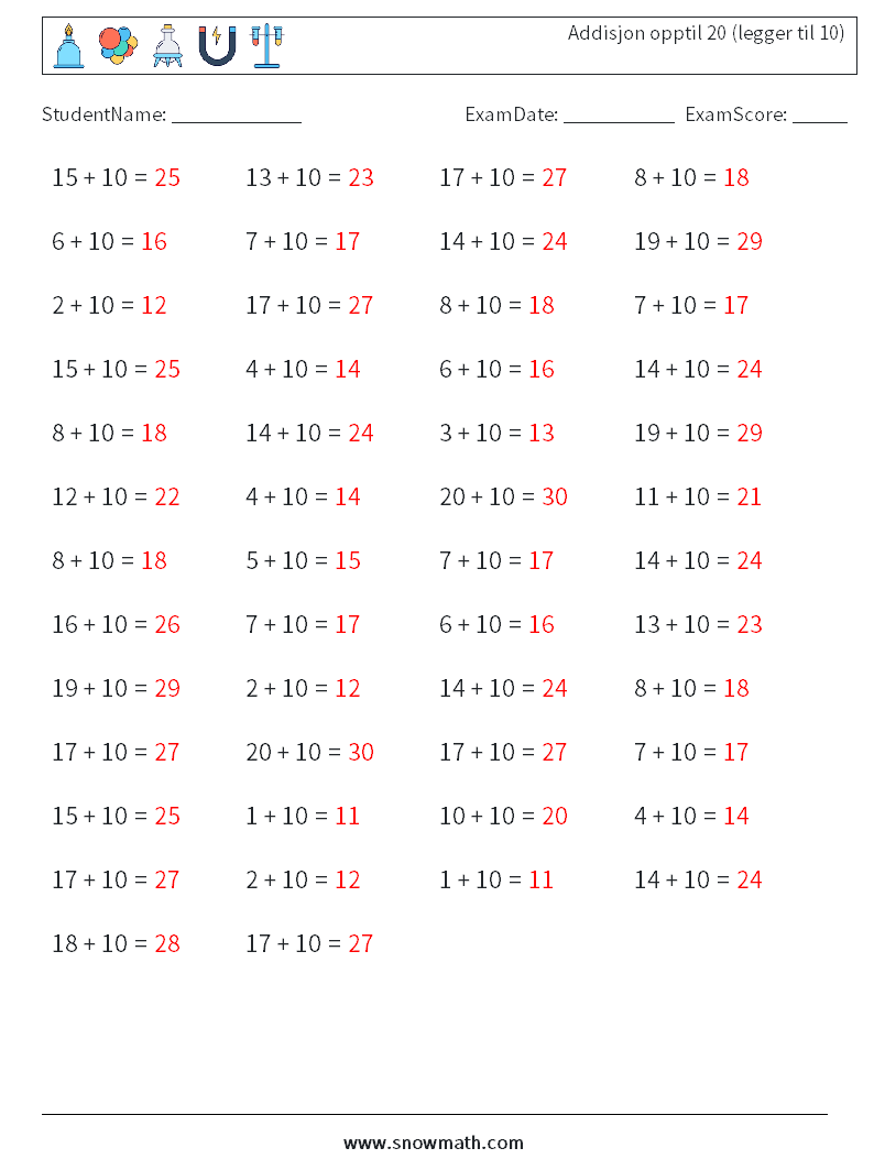 (50) Addisjon opptil 20 (legger til 10) MathWorksheets 4 QuestionAnswer