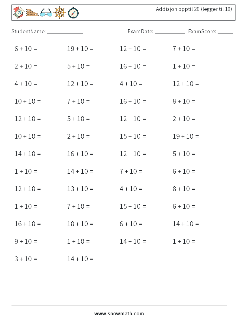 (50) Addisjon opptil 20 (legger til 10) MathWorksheets 5