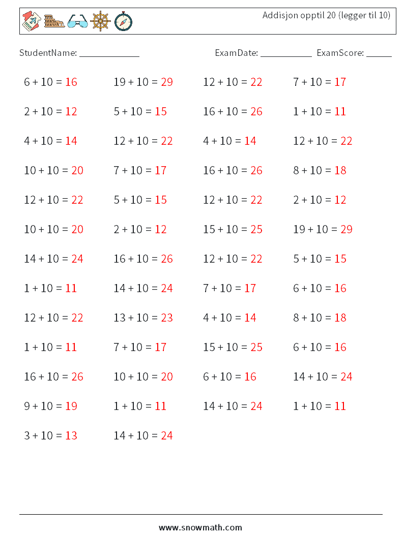 (50) Addisjon opptil 20 (legger til 10) MathWorksheets 5 QuestionAnswer