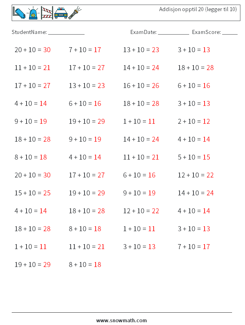 (50) Addisjon opptil 20 (legger til 10) MathWorksheets 6 QuestionAnswer