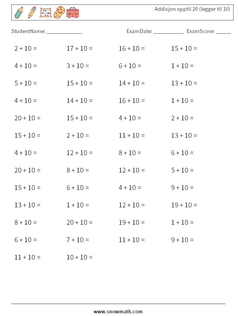 (50) Addisjon opptil 20 (legger til 10) MathWorksheets 7