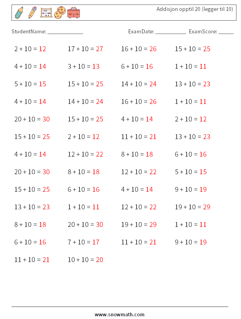(50) Addisjon opptil 20 (legger til 10) MathWorksheets 7 QuestionAnswer