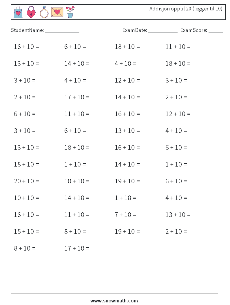 (50) Addisjon opptil 20 (legger til 10) MathWorksheets 8