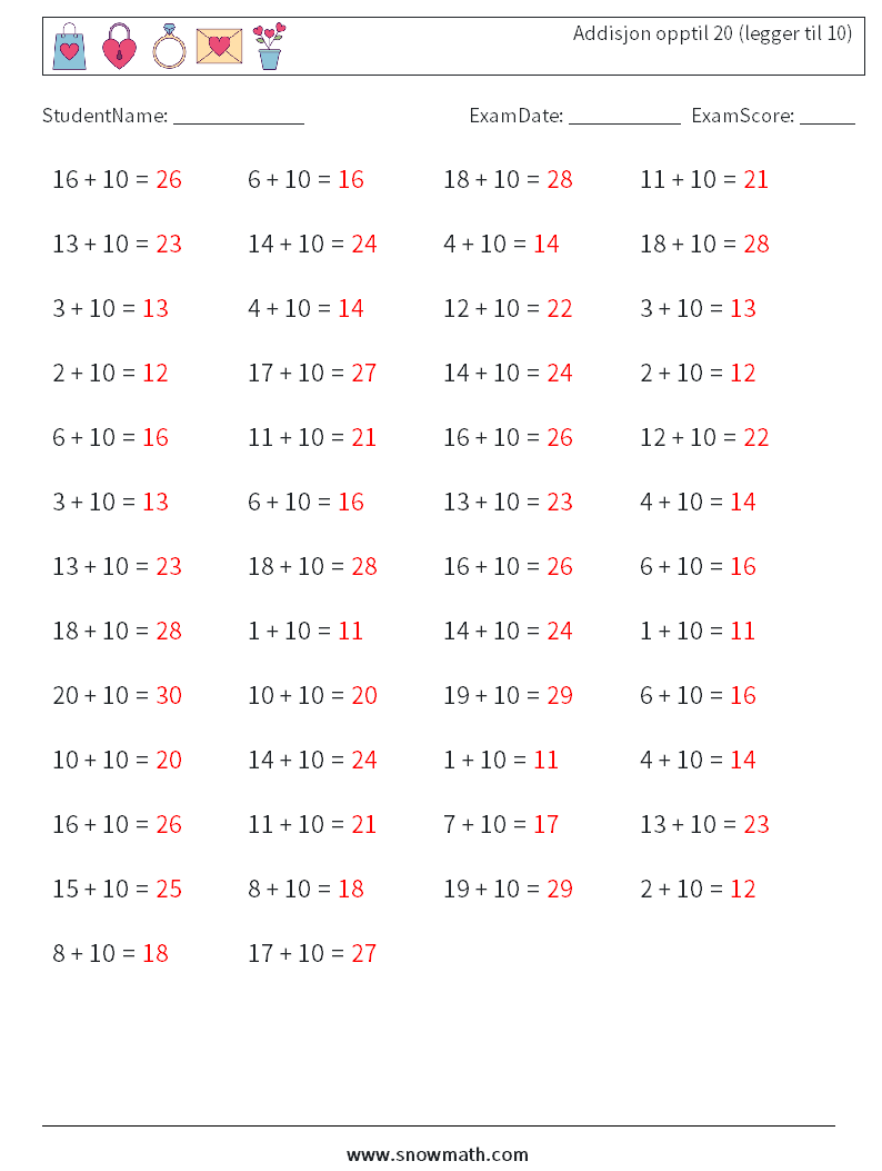 (50) Addisjon opptil 20 (legger til 10) MathWorksheets 8 QuestionAnswer