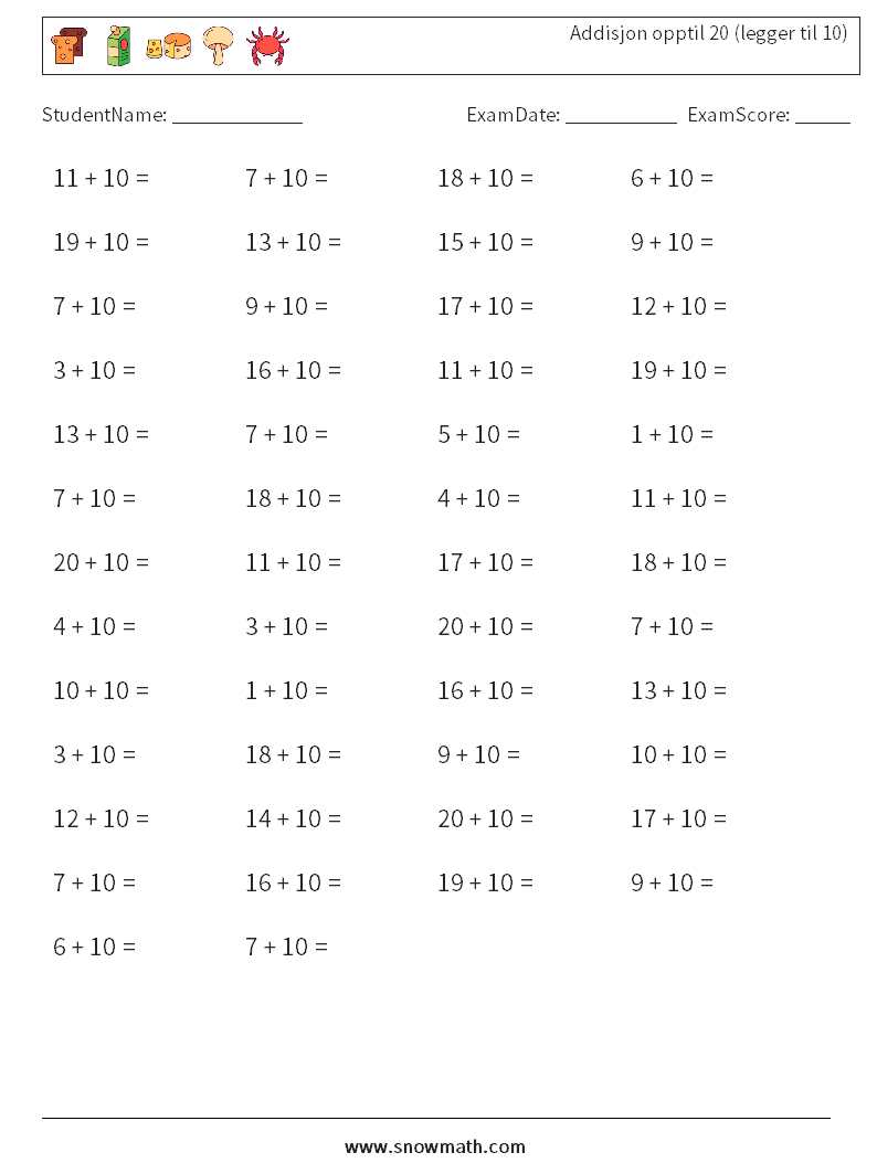 (50) Addisjon opptil 20 (legger til 10) MathWorksheets 9