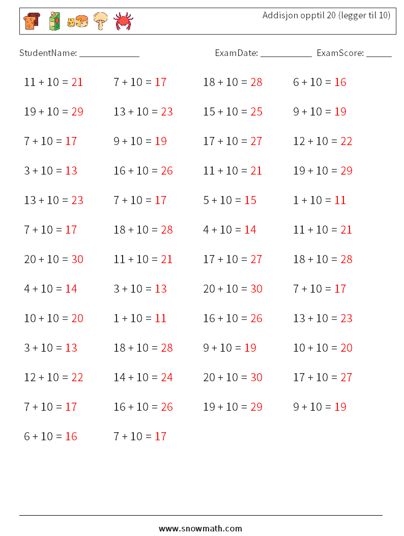(50) Addisjon opptil 20 (legger til 10) MathWorksheets 9 QuestionAnswer