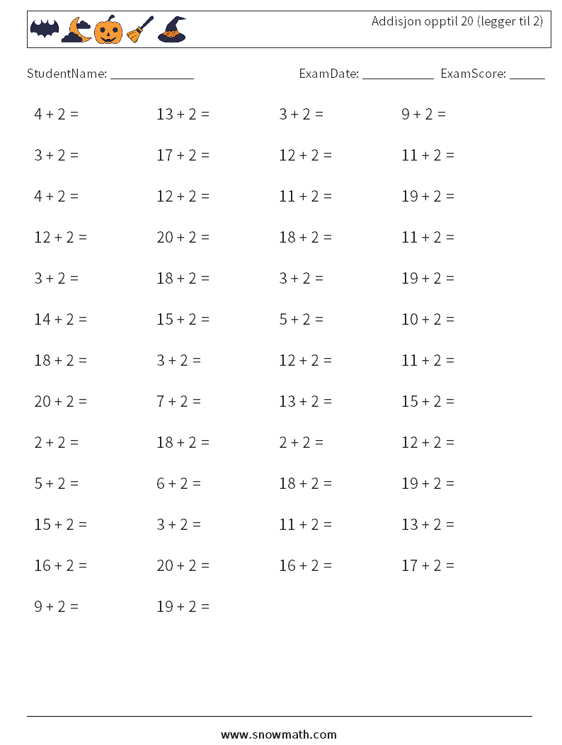 (50) Addisjon opptil 20 (legger til 2) MathWorksheets 1