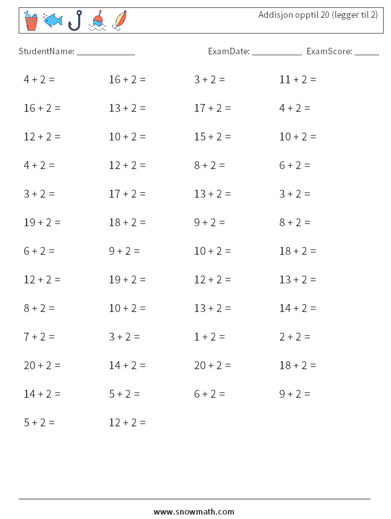 (50) Addisjon opptil 20 (legger til 2) MathWorksheets 2