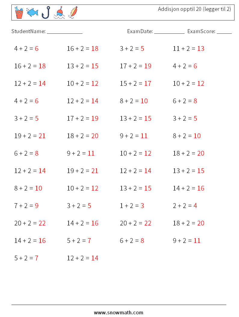 (50) Addisjon opptil 20 (legger til 2) MathWorksheets 2 QuestionAnswer